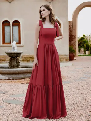 A-Line Bow Ruffle Sleeveless Chiffon Dress Burgundy Plus Size