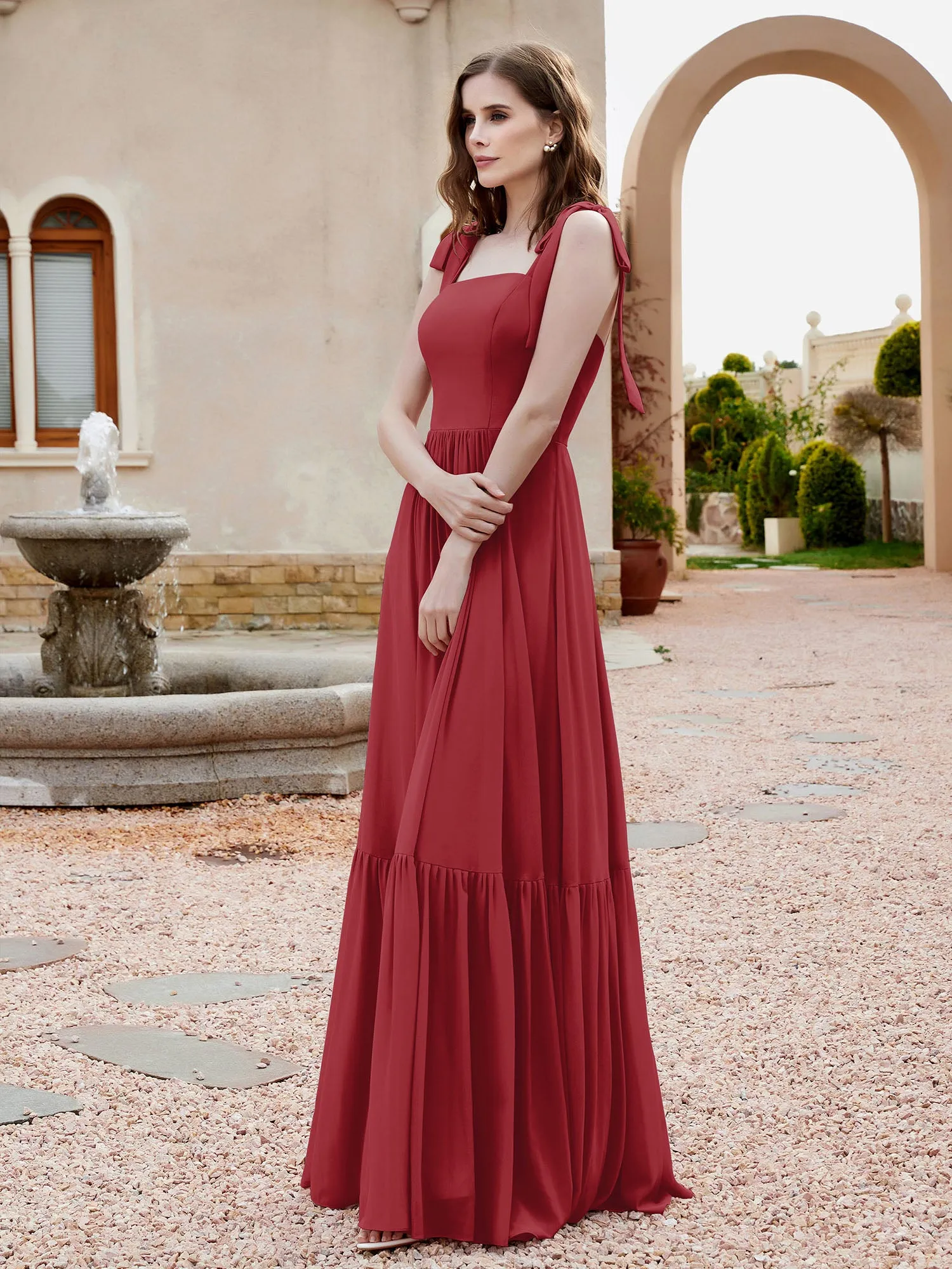 A-Line Bow Ruffle Sleeveless Chiffon Dress Burgundy Plus Size