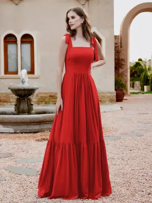 A-Line Bow Ruffle Sleeveless Chiffon Dress Red Plus Size