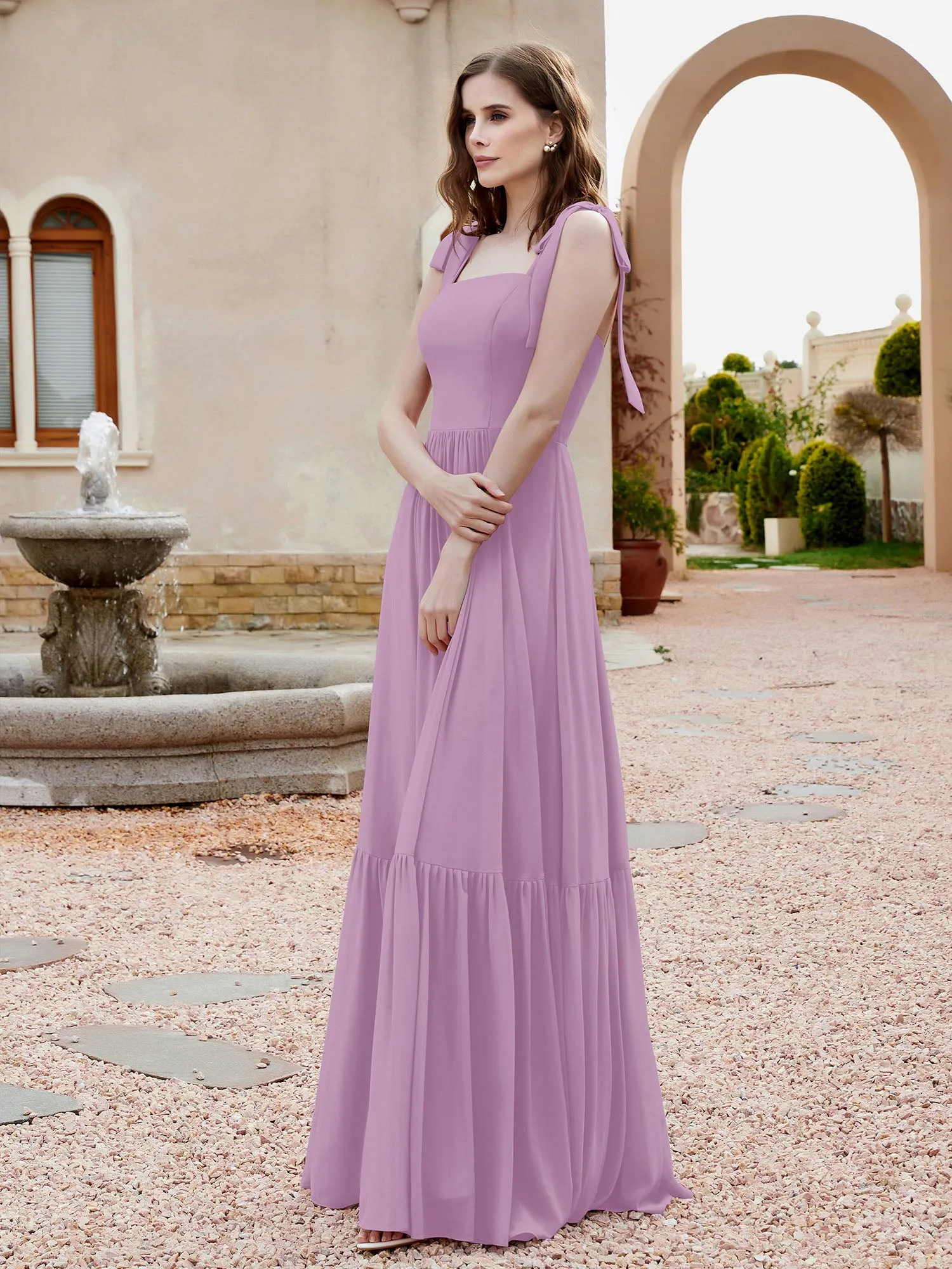 A-Line Bow Ruffle Sleeveless Chiffon Dress Wisteria Plus Size