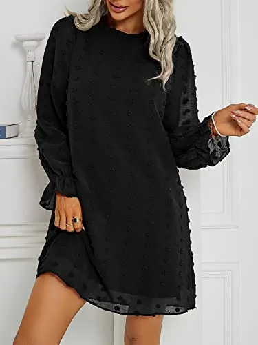 Adibosy Women Dress Long Sleeve: Flowy Wedding Guest Casual Mini Dresses for Womens Swiss Dot Chiffon Short Dress Black S