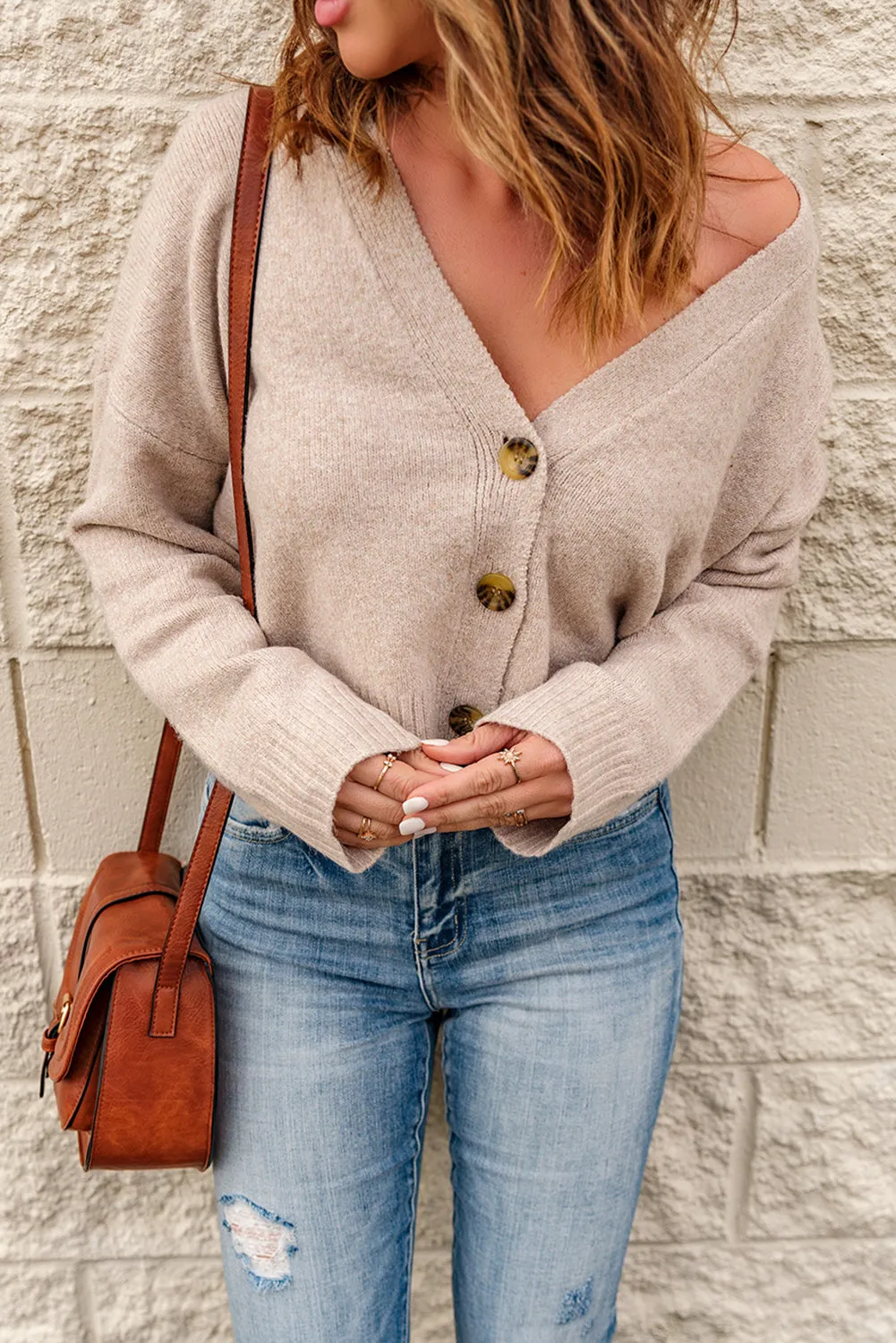 Apricot Button Up V Neck Cropped Cardigan Sweater