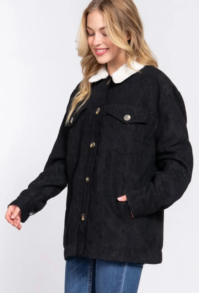 Black Corduroy Inner Faux Fur Long Sleeve with Pockets Button Up Jacket