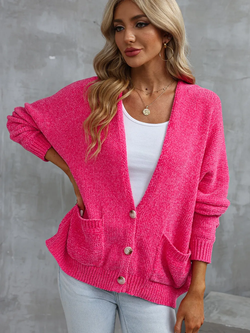 Blush Rose V-Neck Cardigan with Front Pockets