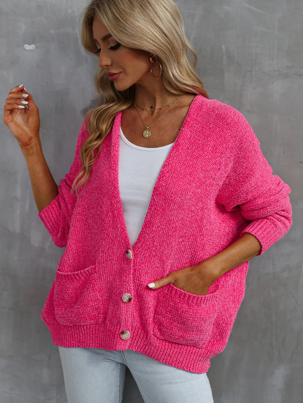 Blush Rose V-Neck Cardigan with Front Pockets