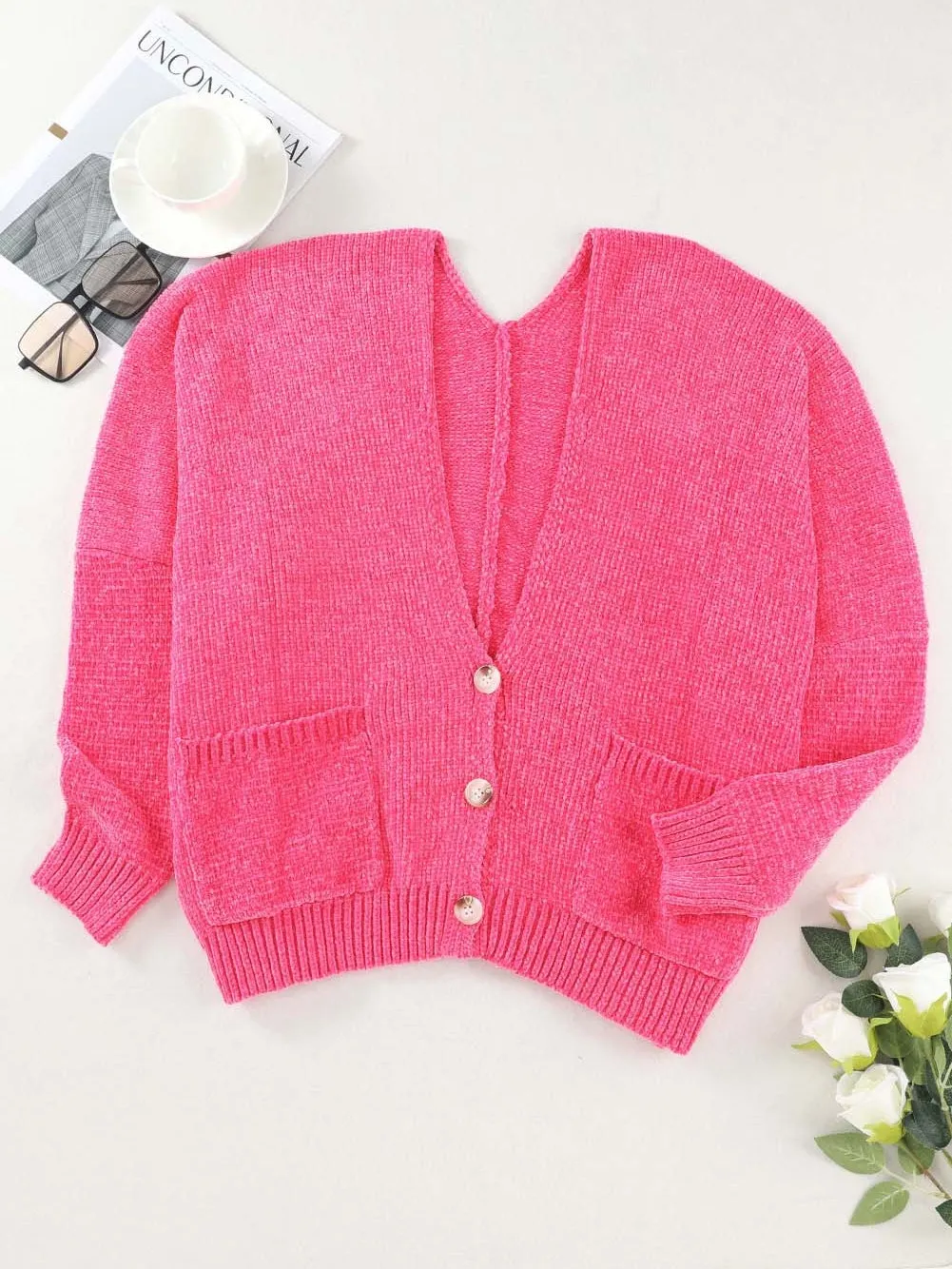 Blush Rose V-Neck Cardigan with Front Pockets