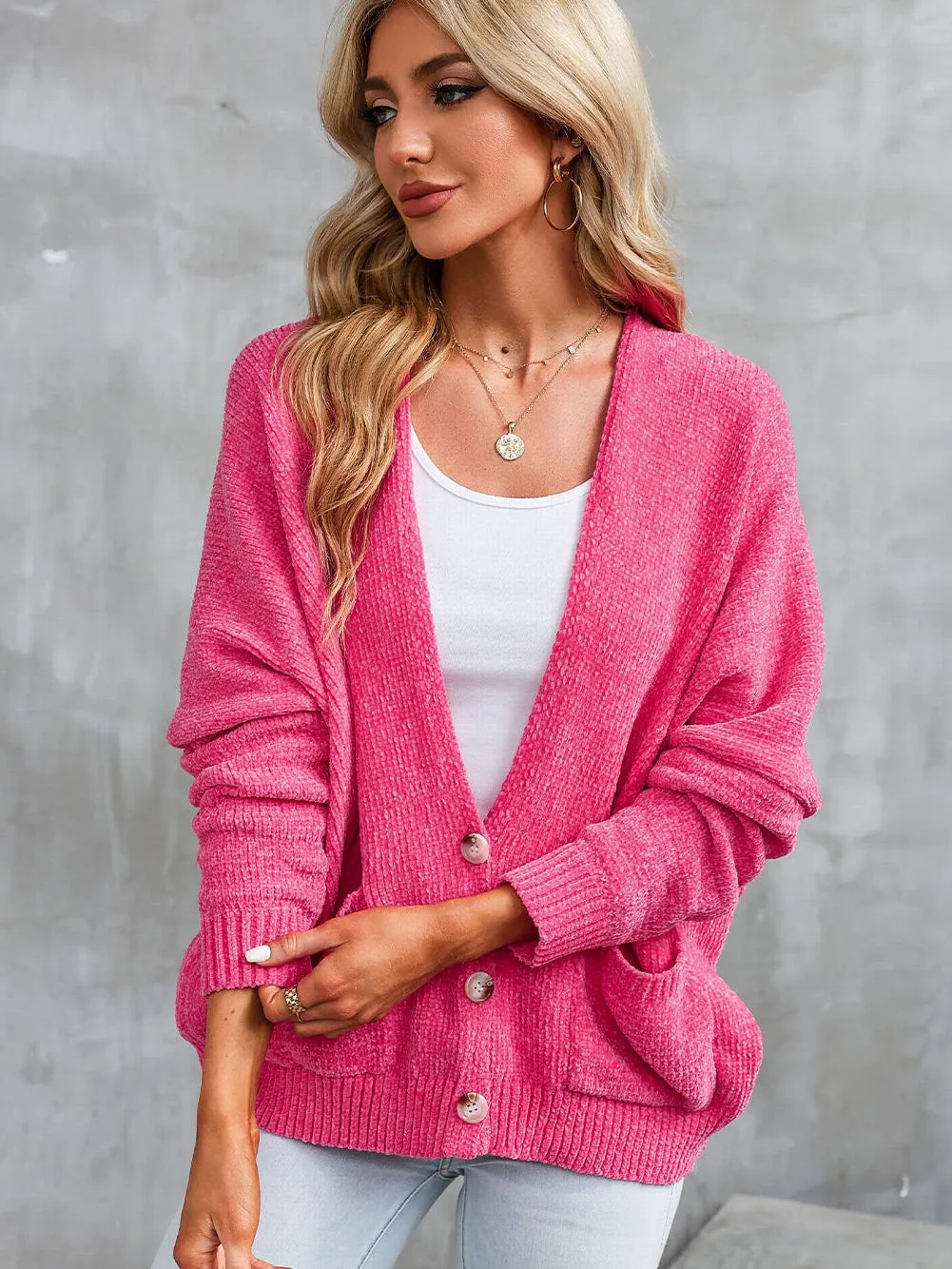 Blush Rose V-Neck Cardigan with Front Pockets