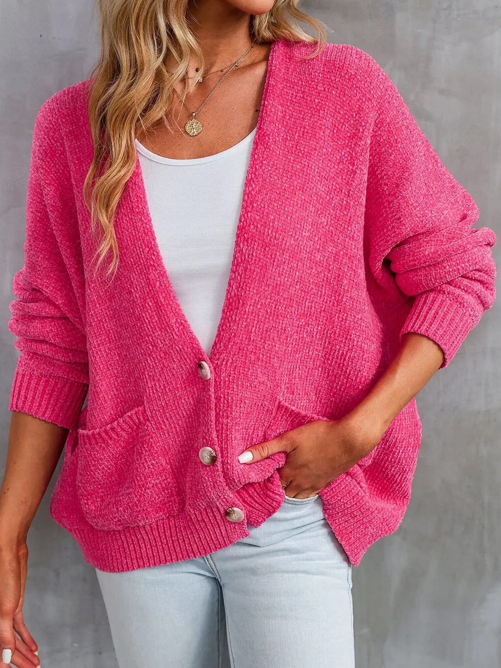 Blush Rose V-Neck Cardigan with Front Pockets