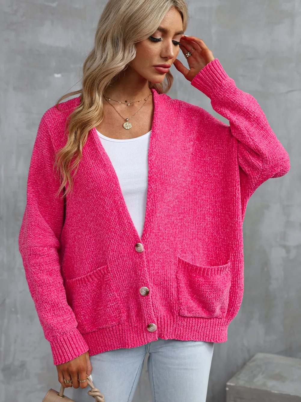 Blush Rose V-Neck Cardigan with Front Pockets