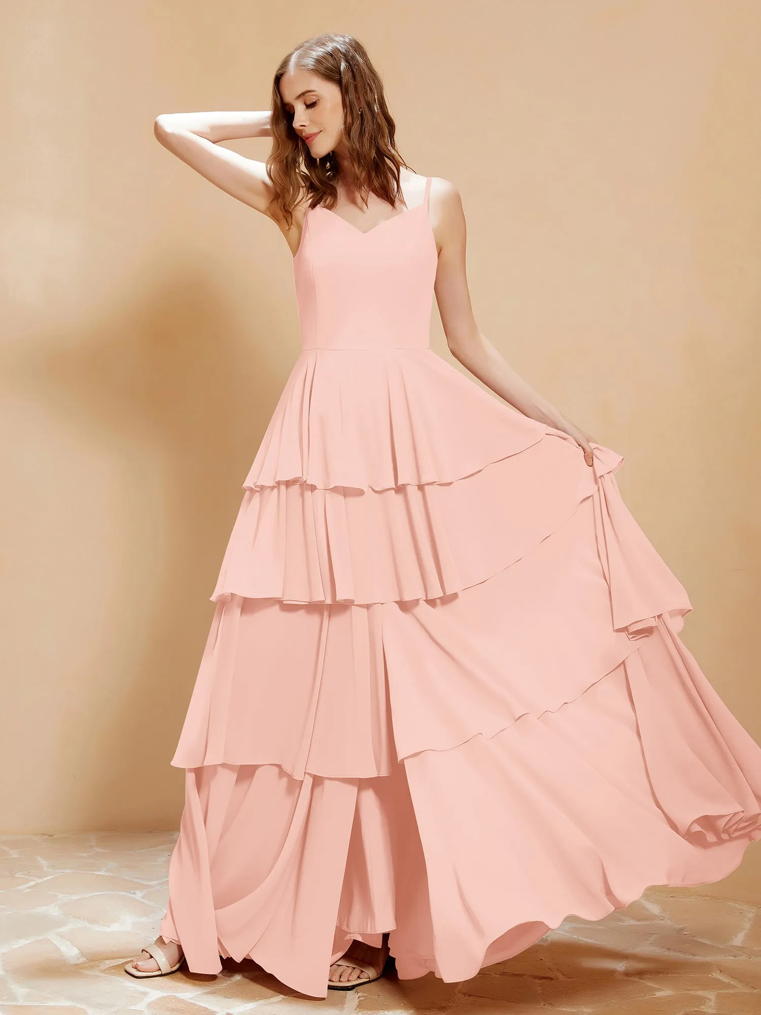 Boho V-neck Floor-length Dress Flowy Ruffles Coral