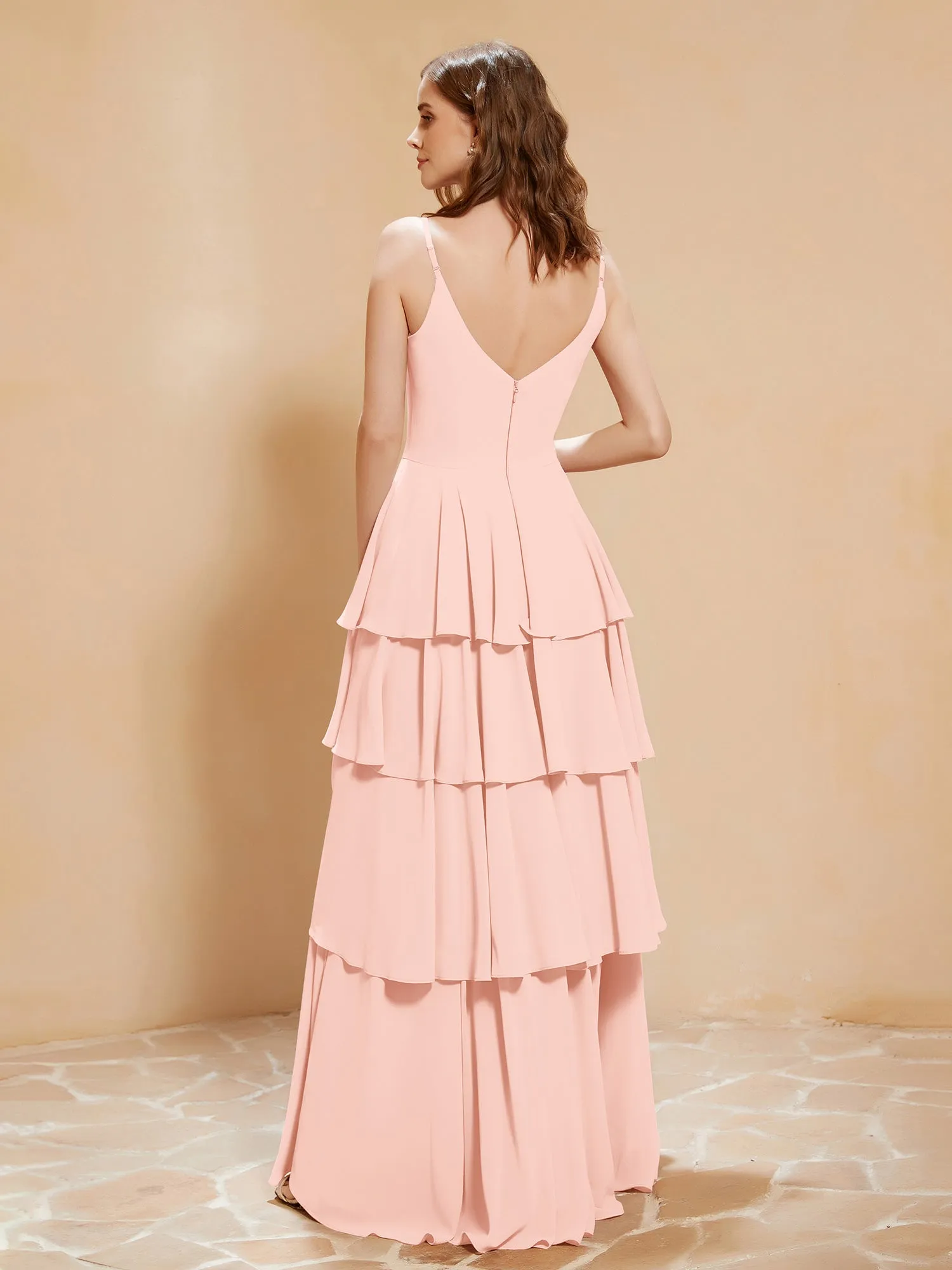 Boho V-neck Floor-length Dress Flowy Ruffles Coral