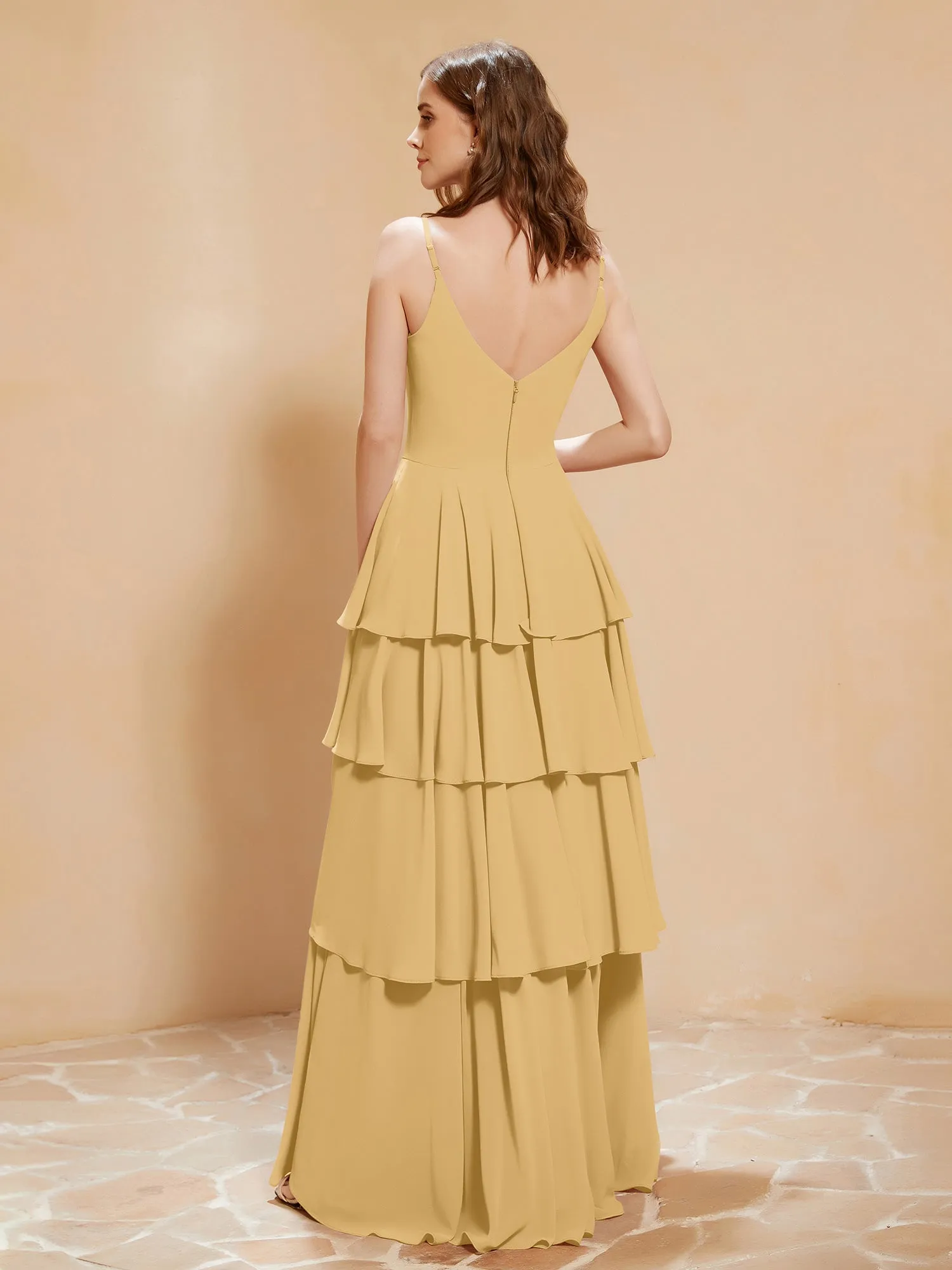 Boho V-neck Floor-length Dress Flowy Ruffles Gold