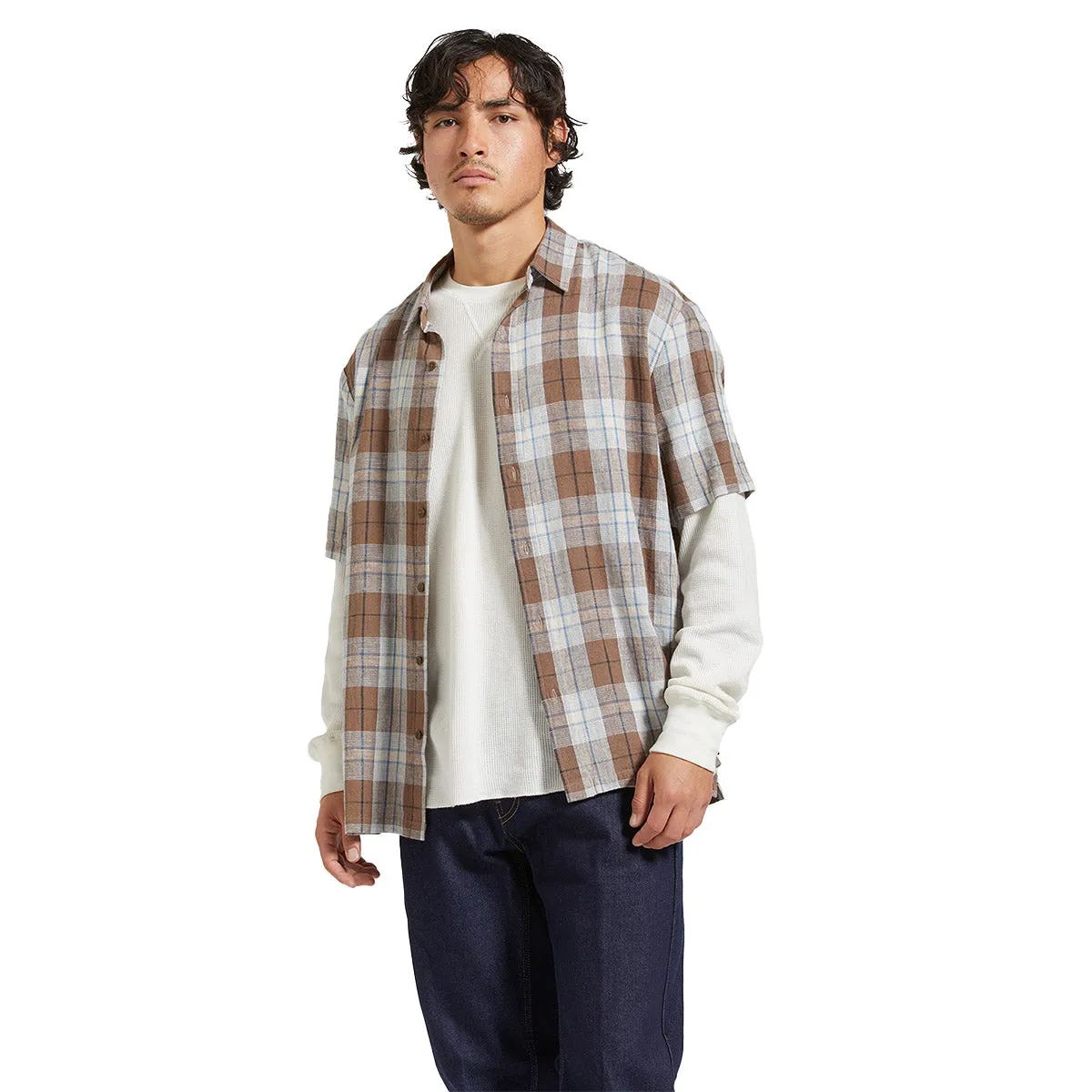 Brixton - Cru Linen Blend Relaxed Woven Shirt Pinecone Brown/Coronet Blue