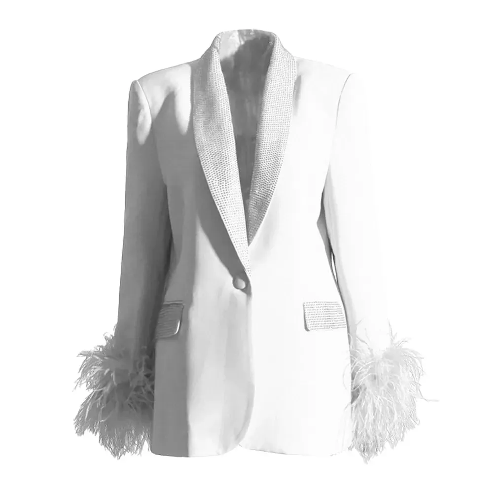 Casual Spliced Feather Blazers For Women Shawl Collar Long Sleeve Chic Elegant Blazer Female Fashion Clothing