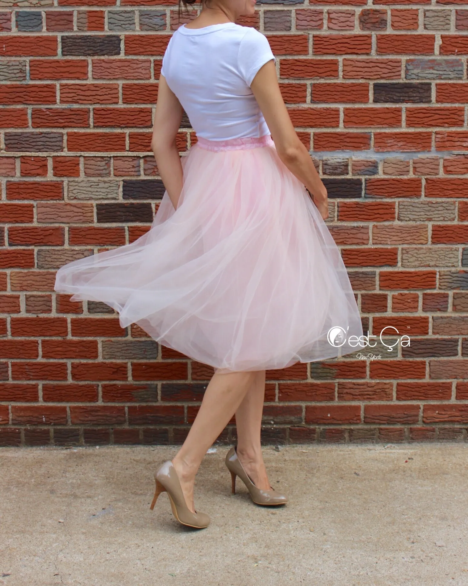 Claire Blush Pink Soft Tulle Skirt - Below Knee Midi