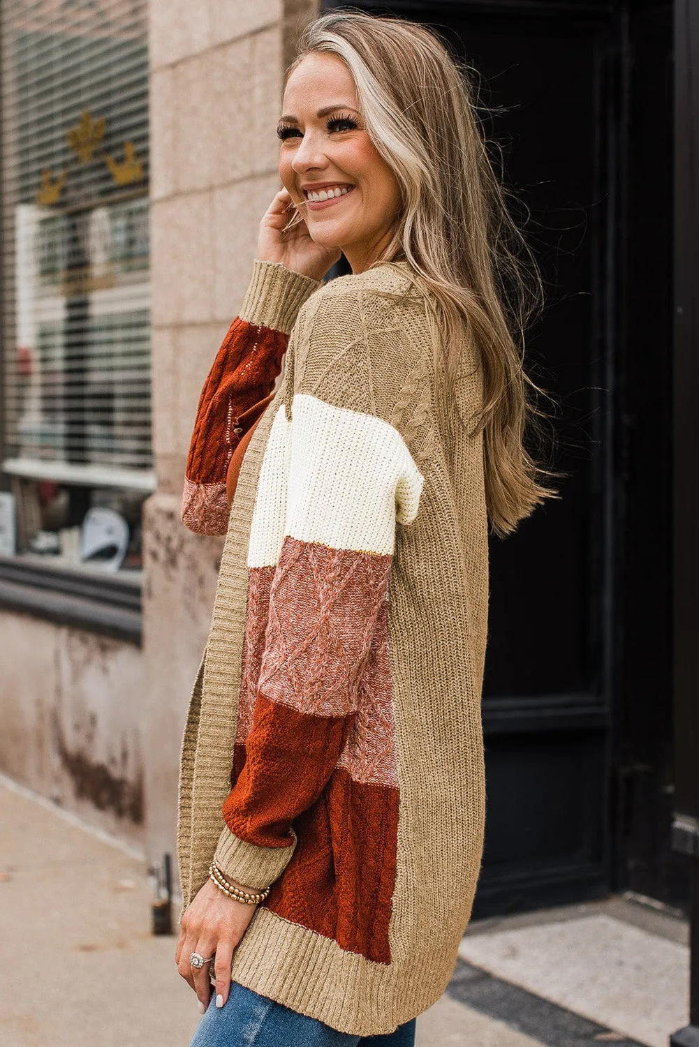 Color Block Long Sleeve Open Front Cardigan Sweater