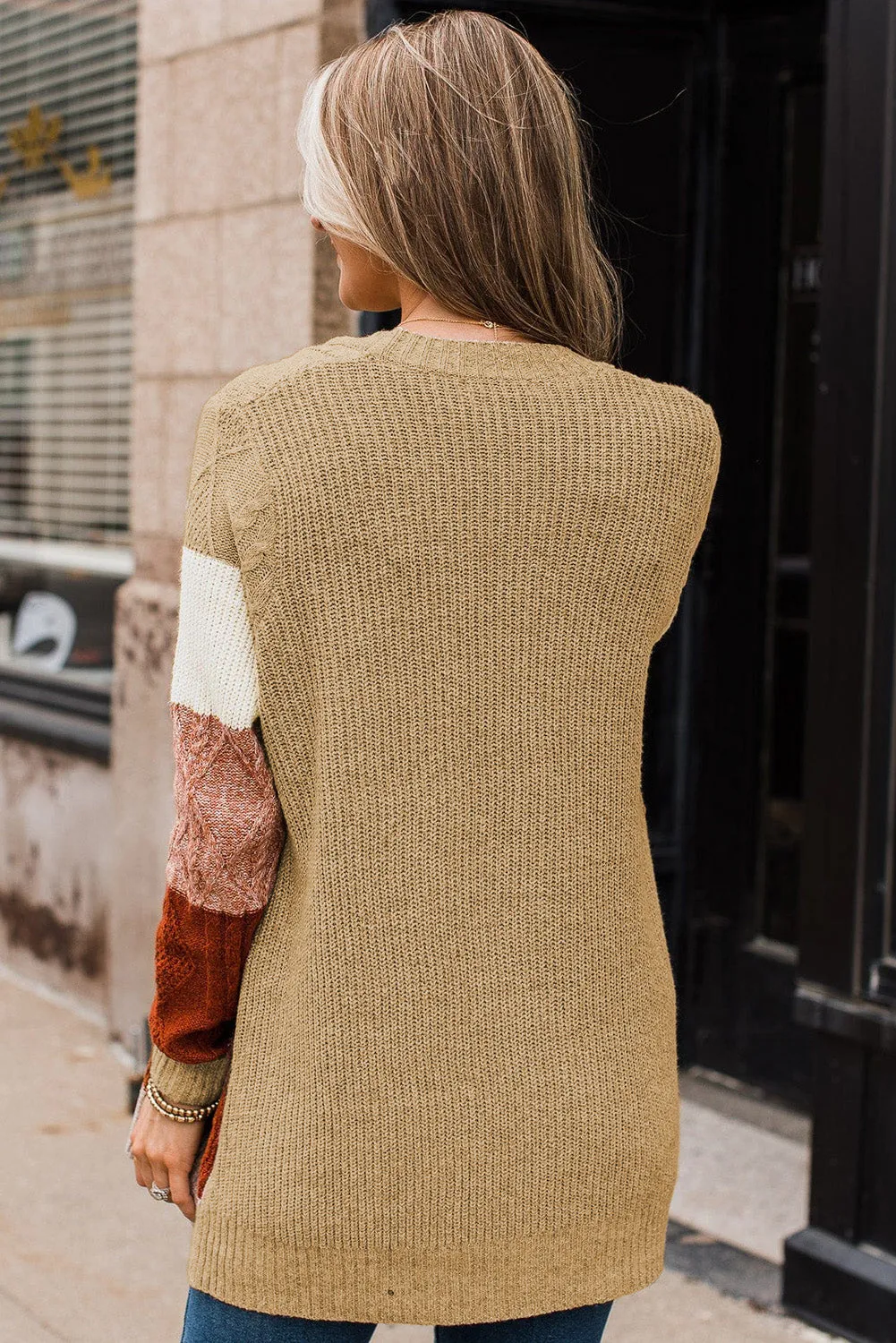 Color Block Long Sleeve Open Front Cardigan Sweater