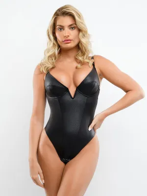 Deep V-Neck Leather Shapewear Thong Bodysuit