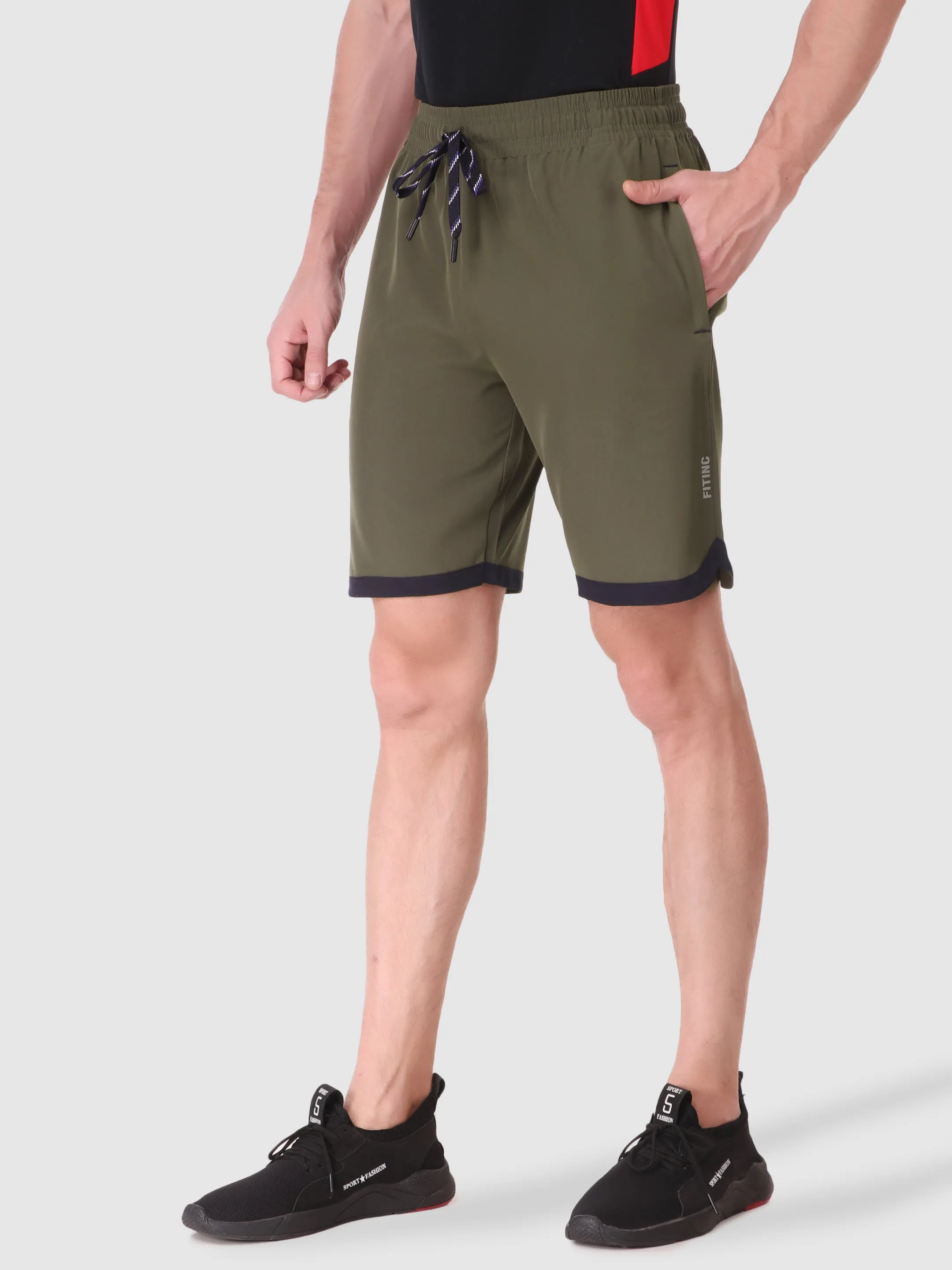 Fitinc N.S Lycra Olive Shorts for Men with Zipper Pockets