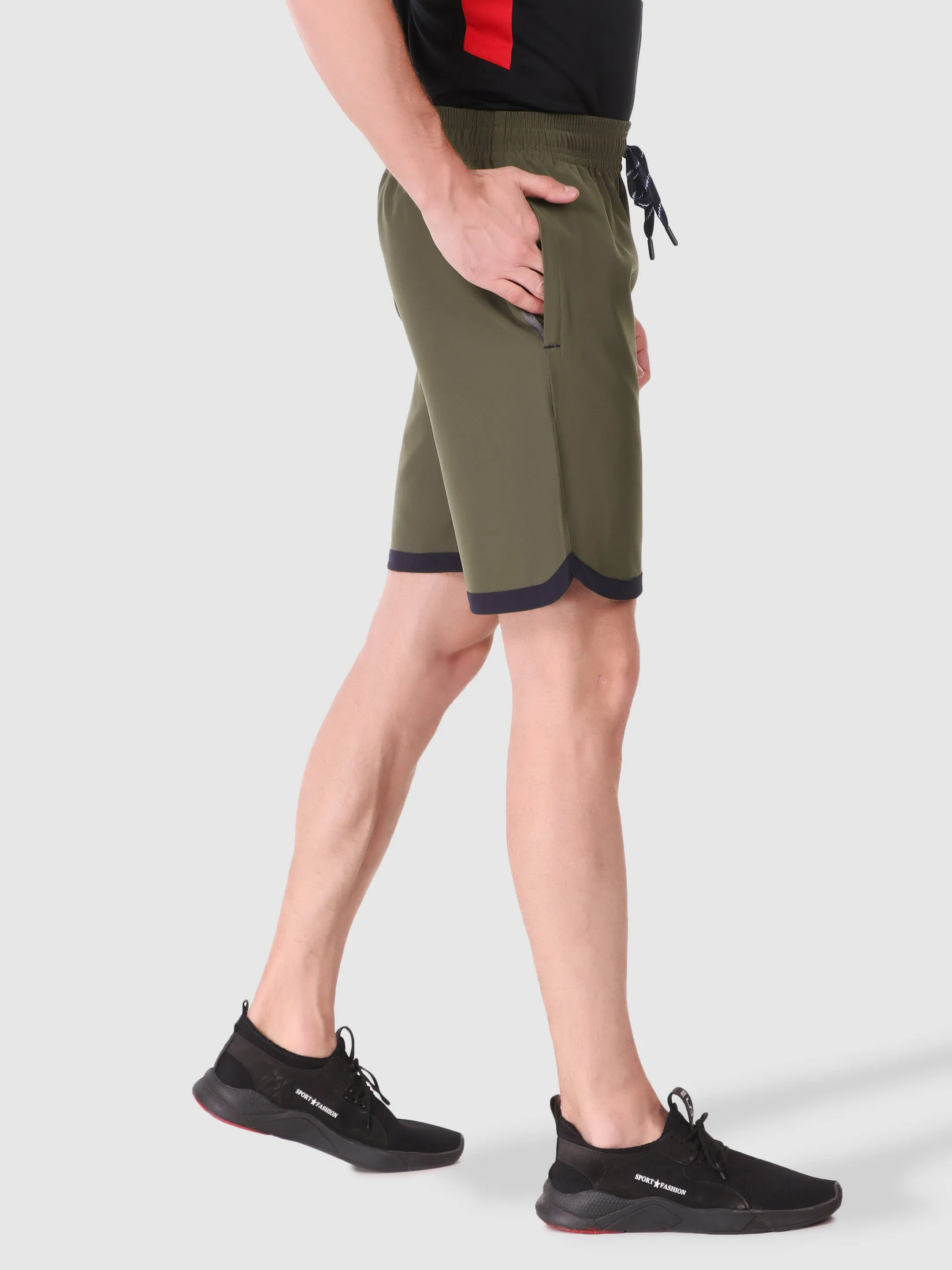 Fitinc N.S Lycra Olive Shorts for Men with Zipper Pockets