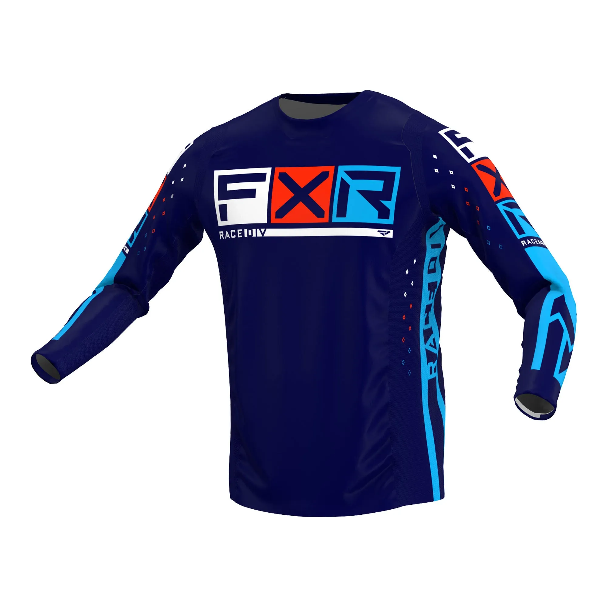 FXR  Mens Navy Cyan Red Podium Pro LE MX Jersey Longsleeve Lightweight Athletic