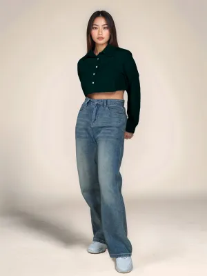 Green Solid Relaxed Fit Crop Shirt