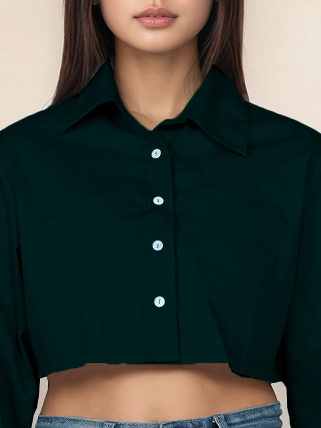 Green Solid Relaxed Fit Crop Shirt