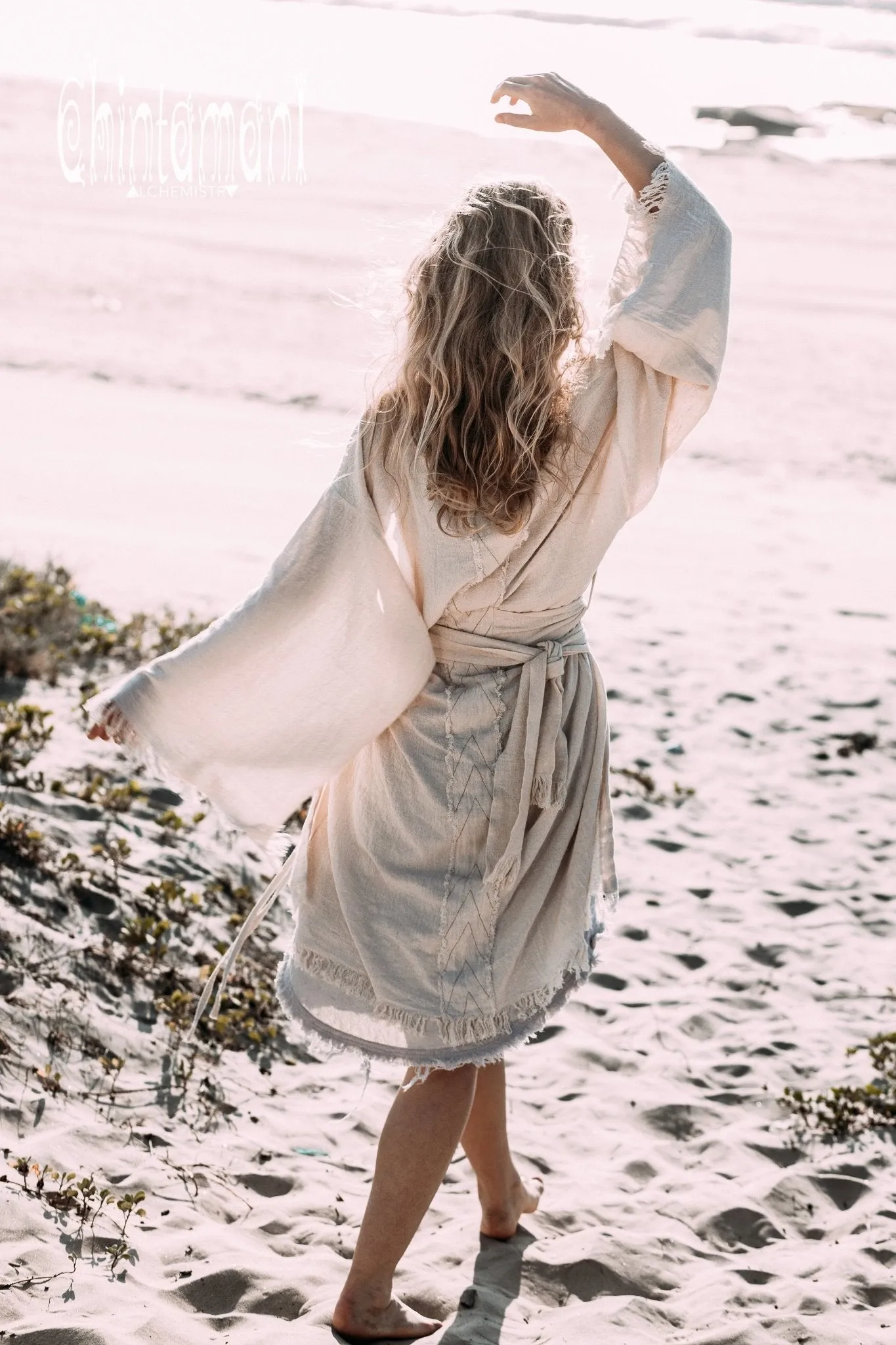 Gypsy Wide Sleeve Kimono of Raw Cotton / Boho Cardigan Robe / Off White