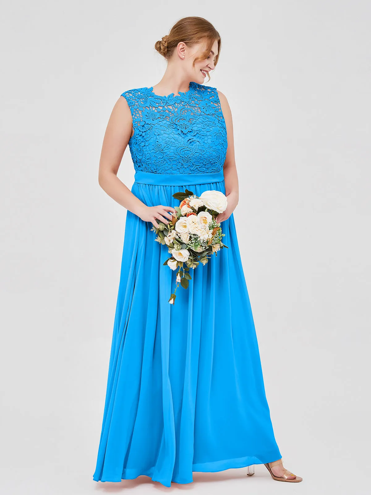 Illusion Neck Chiffon and Lace Dresses Ocean Blue