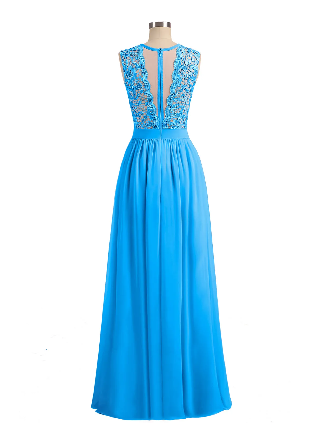 Illusion Neck Chiffon and Lace Dresses Ocean Blue