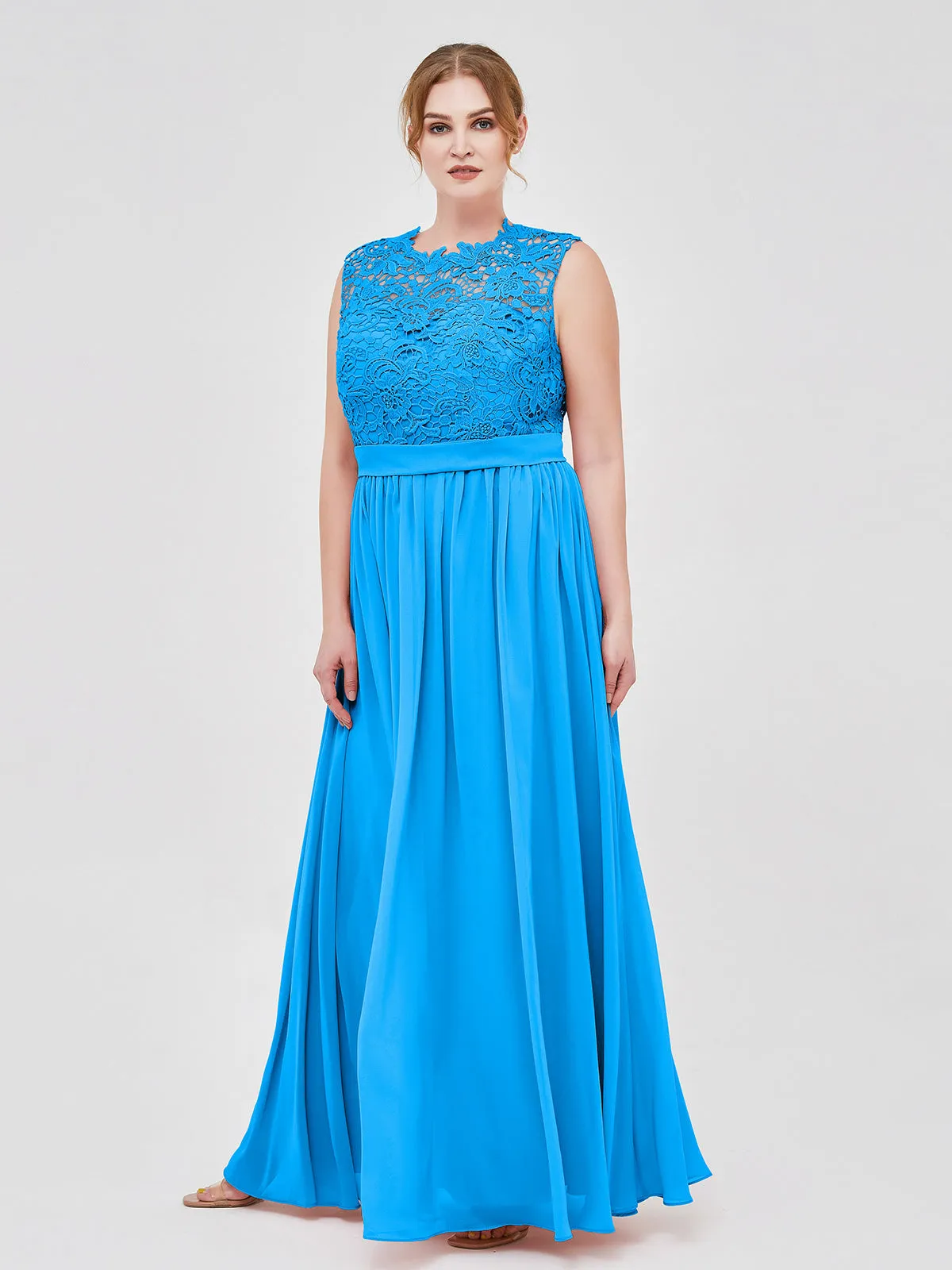 Illusion Neck Chiffon and Lace Dresses Ocean Blue