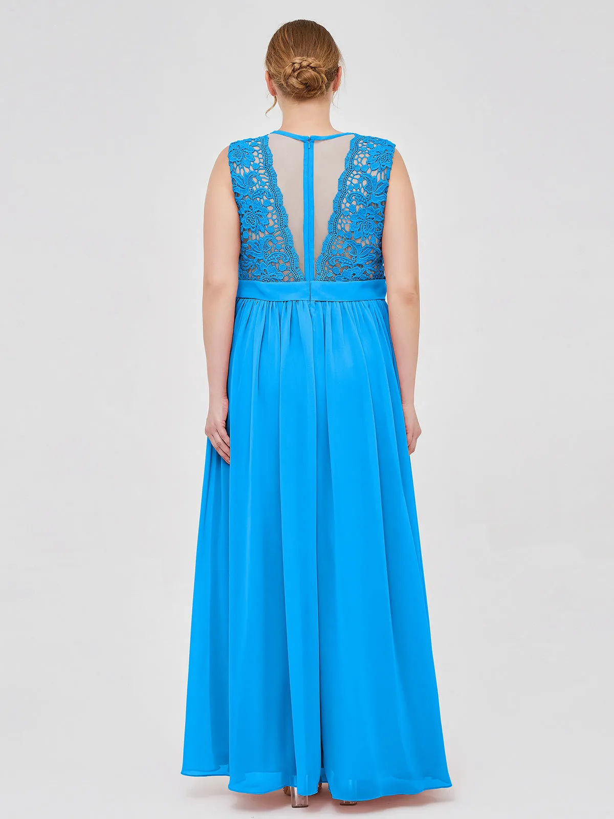 Illusion Neck Chiffon and Lace Dresses Ocean Blue