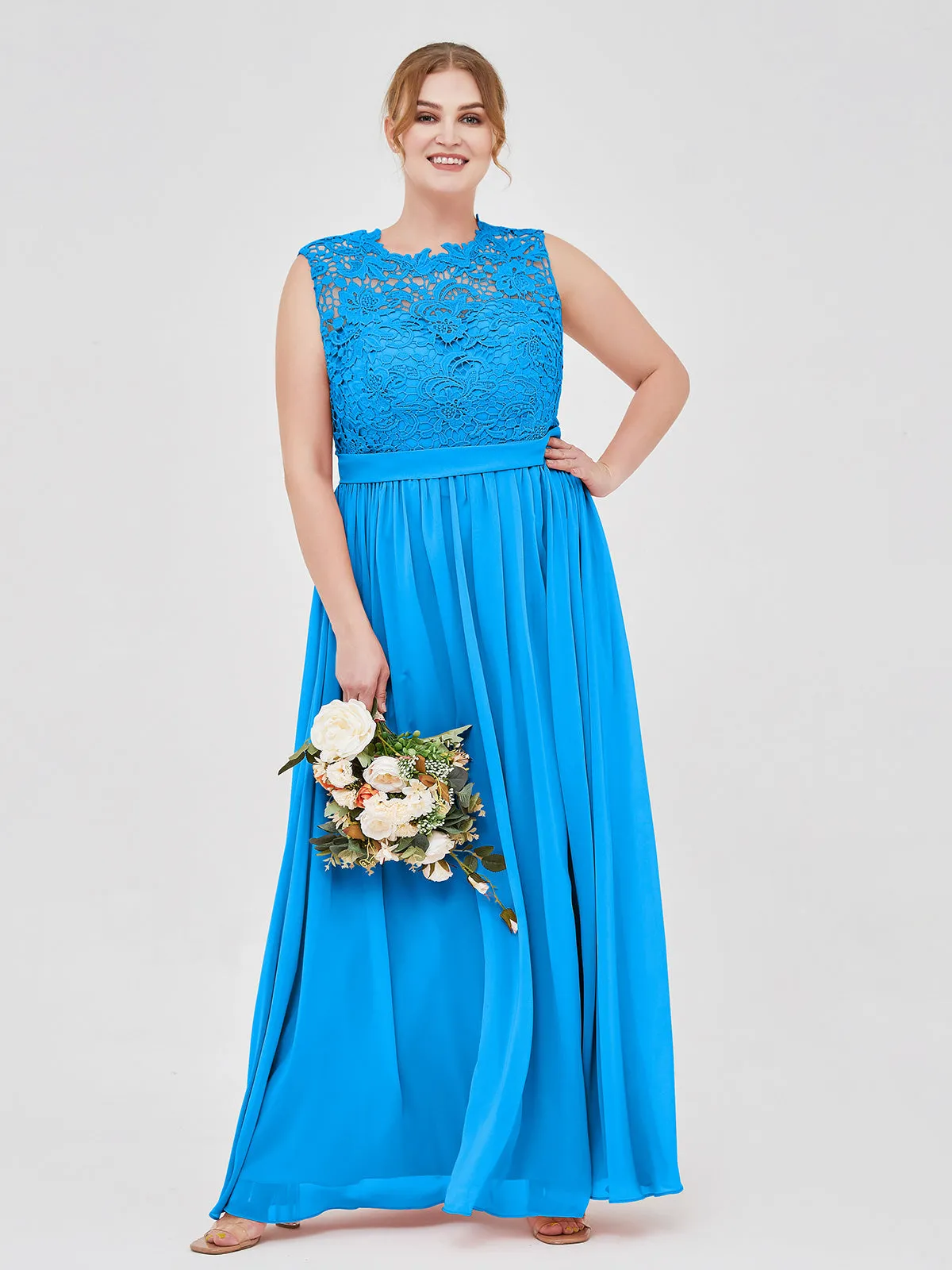 Illusion Neck Chiffon and Lace Dresses Ocean Blue