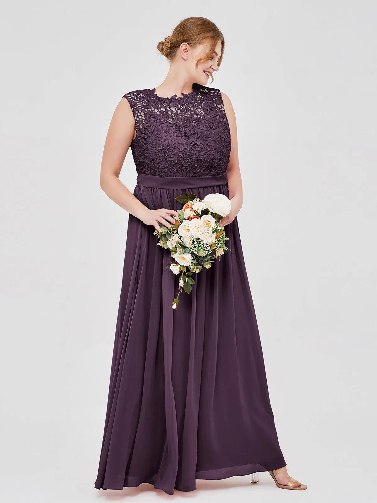 Illusion Neck Chiffon and Lace Dresses Plum