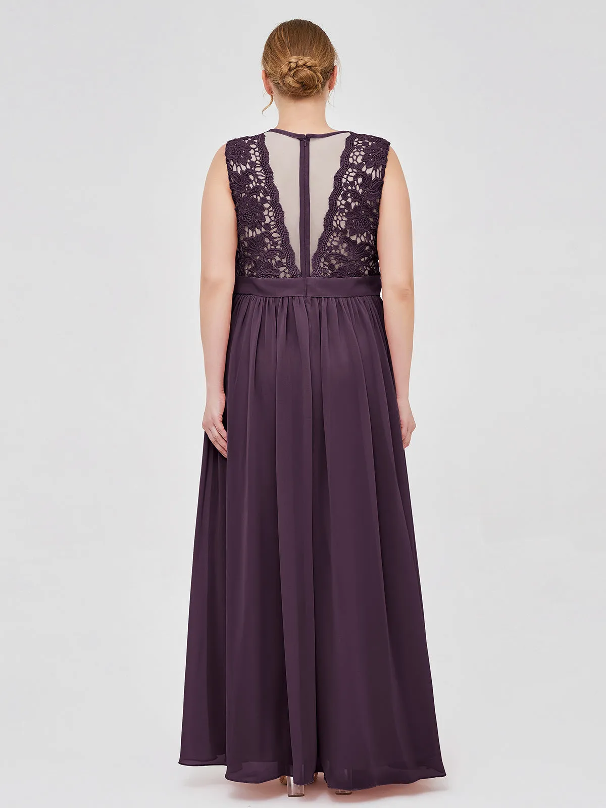 Illusion Neck Chiffon and Lace Dresses Plum