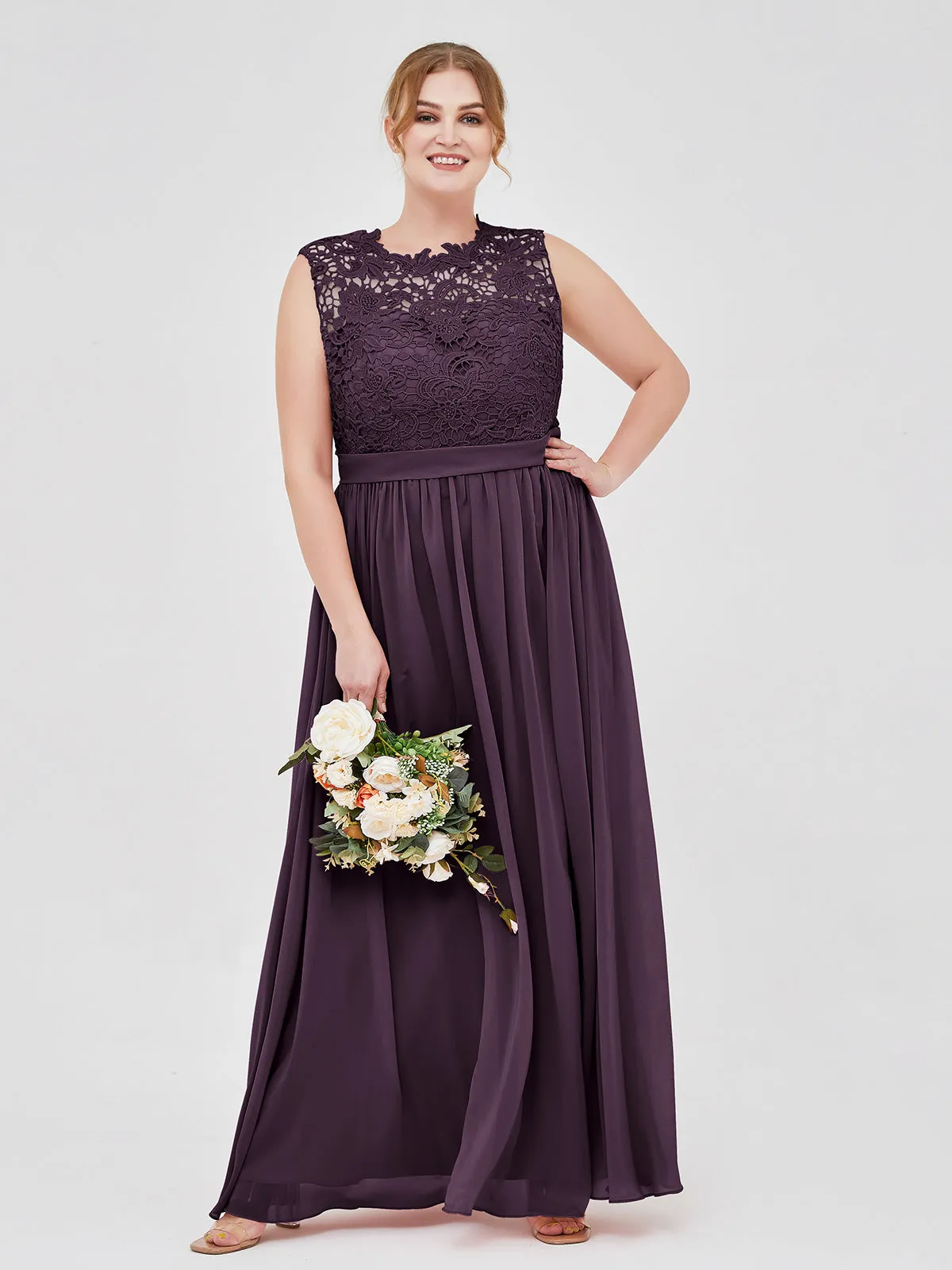 Illusion Neck Chiffon and Lace Dresses Plum