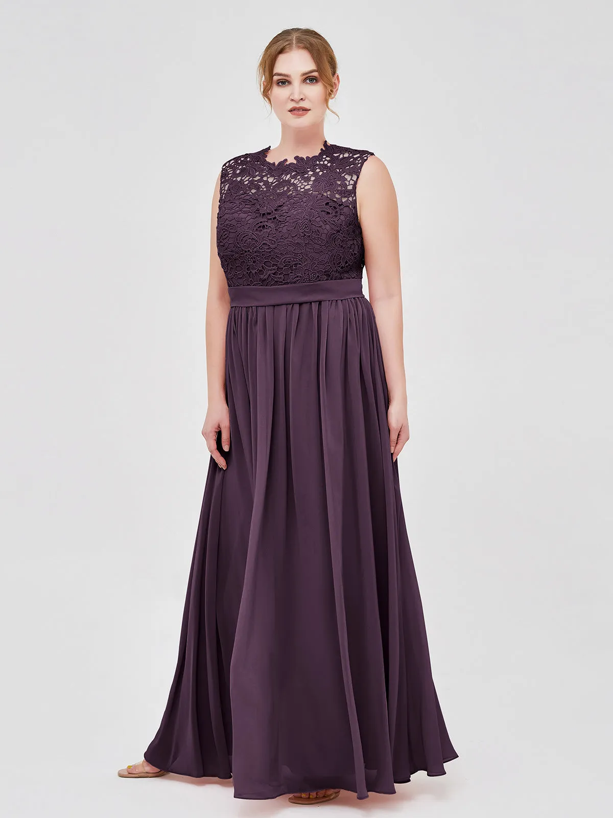 Illusion Neck Chiffon and Lace Dresses Plum