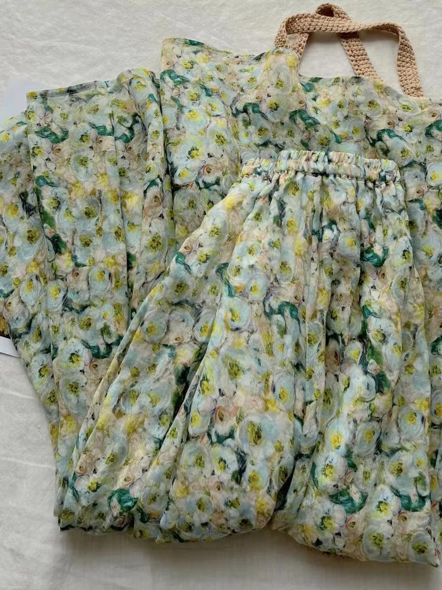 JOSKAA 2024 New Skirt Fashion Green Floral Pleated Ramie Cotton A-liine Skirt