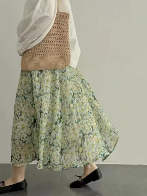 JOSKAA 2024 New Skirt Fashion Green Floral Pleated Ramie Cotton A-liine Skirt