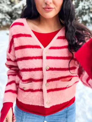 Kandi Striped Mohair Cardi- Pink Red