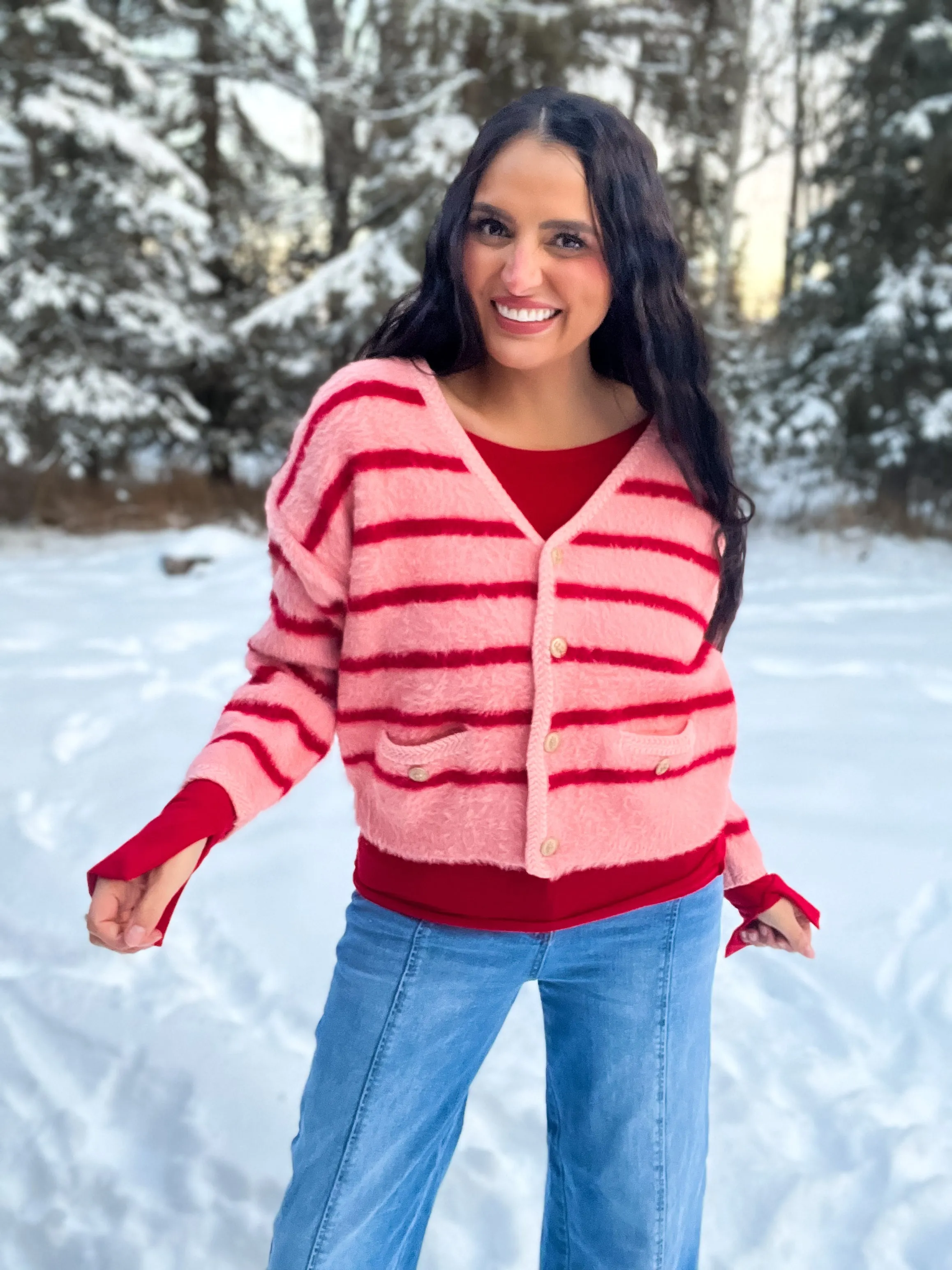 Kandi Striped Mohair Cardi- Pink Red