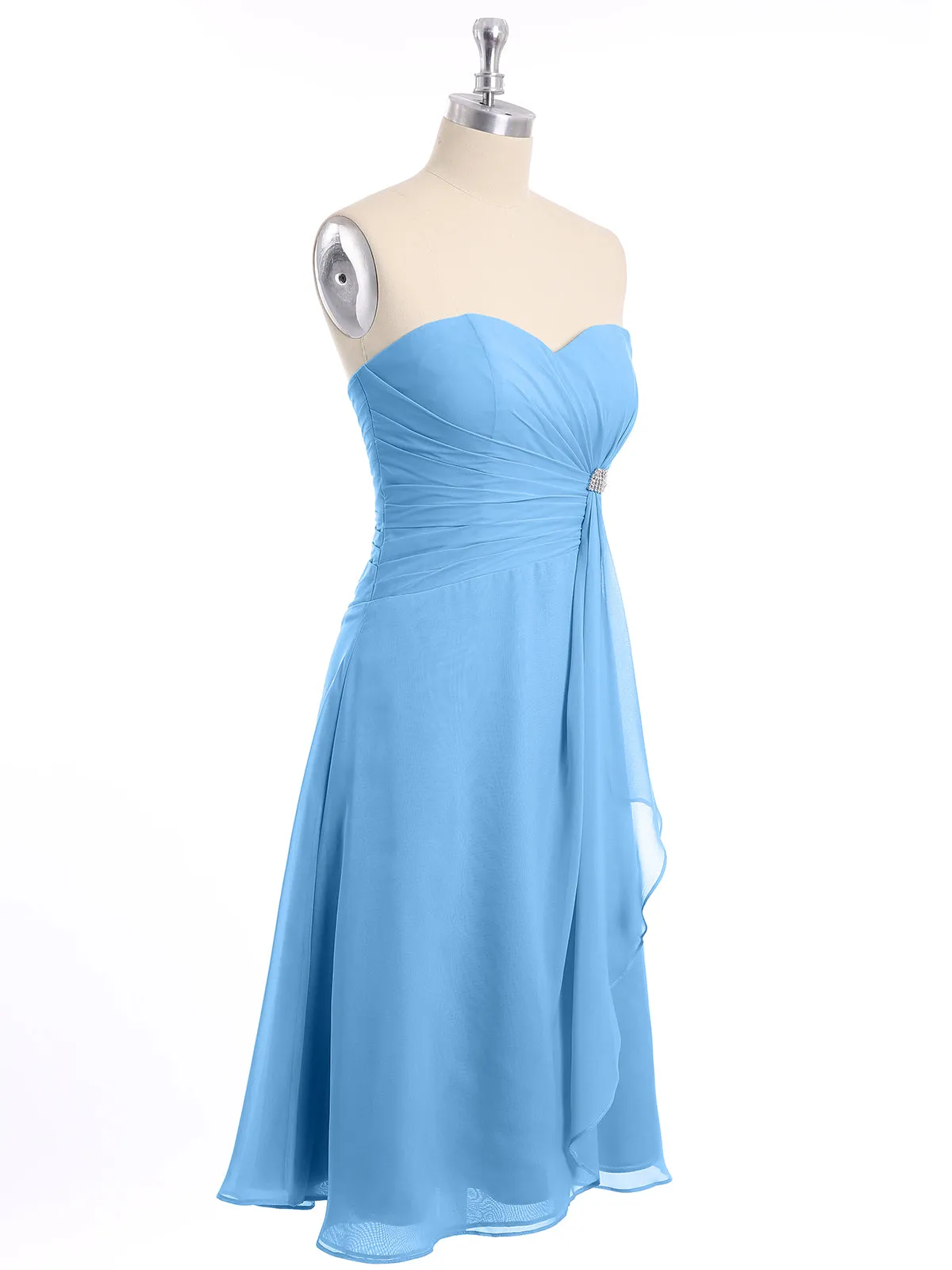 Knee Length Chiffon Dress with Sweetheart Neck-Blue