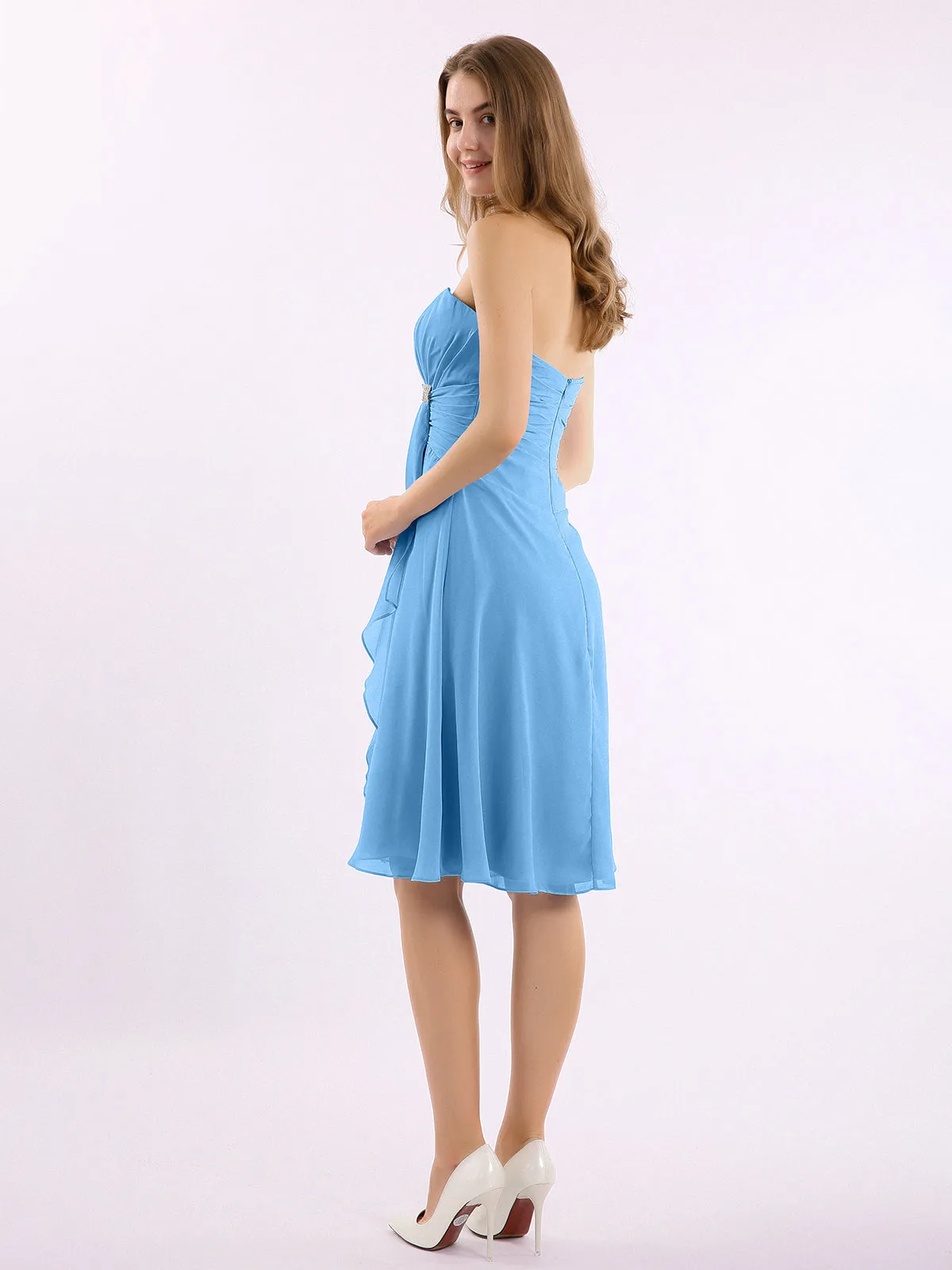 Knee Length Chiffon Dress with Sweetheart Neck-Blue