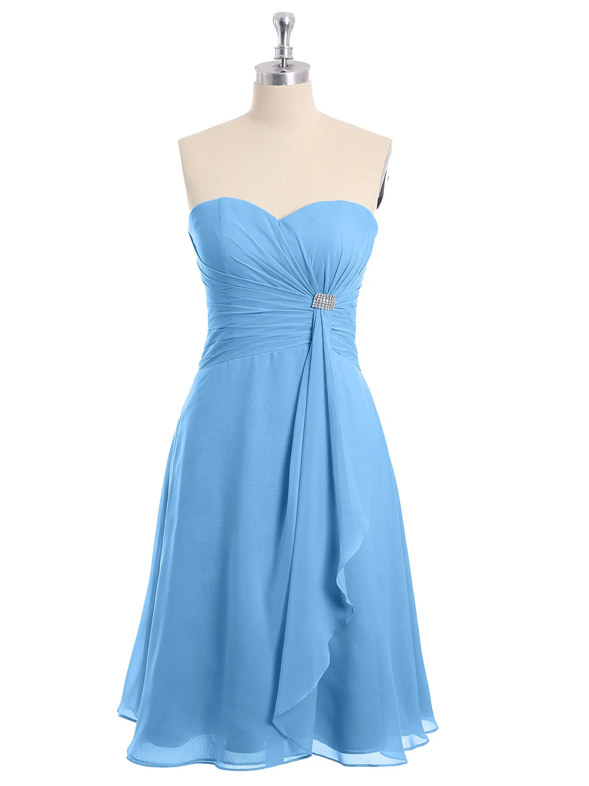 Knee Length Chiffon Dress with Sweetheart Neck-Blue