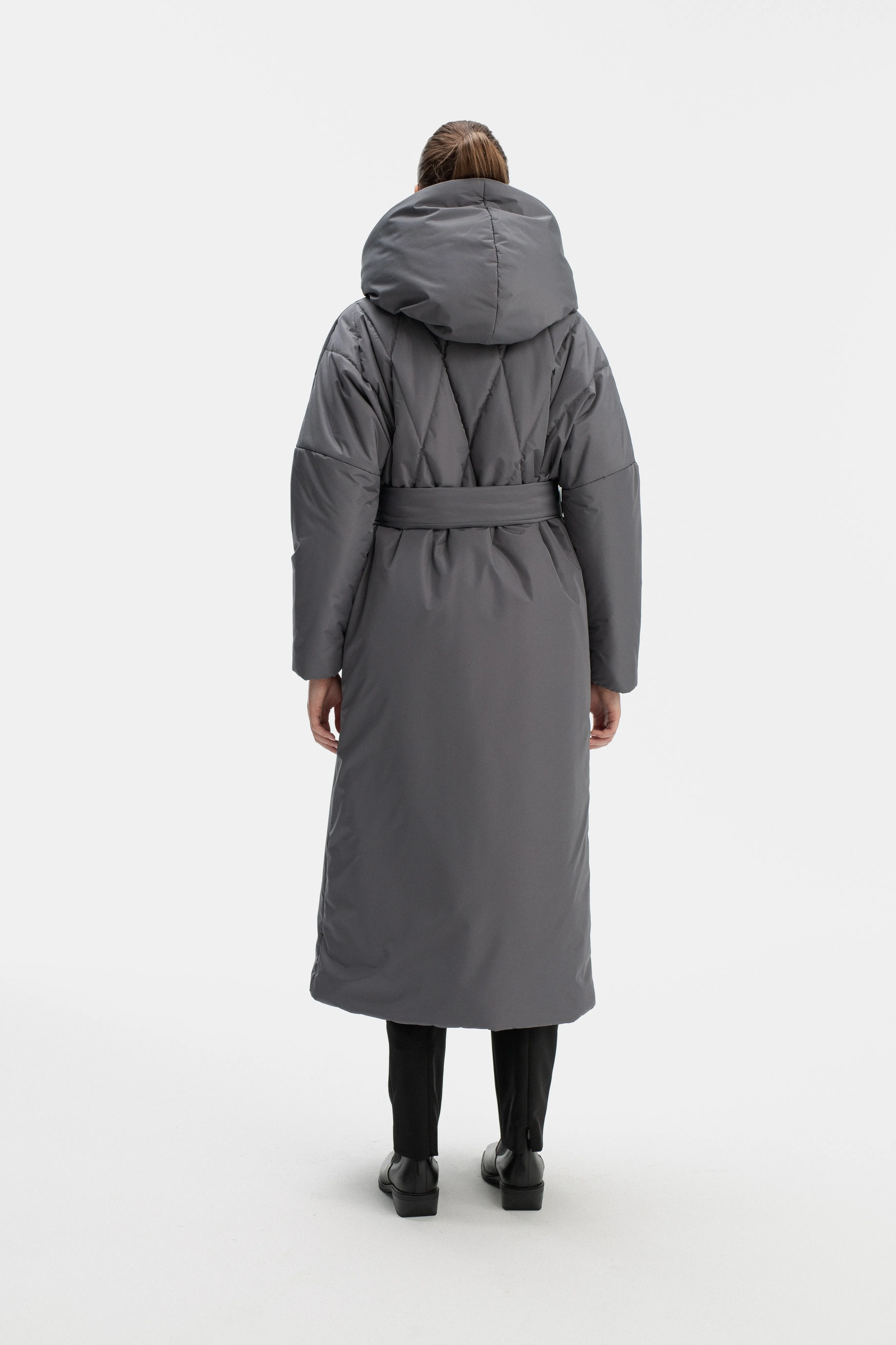 LONG PADDED COAT WITH HOOD IN GREY