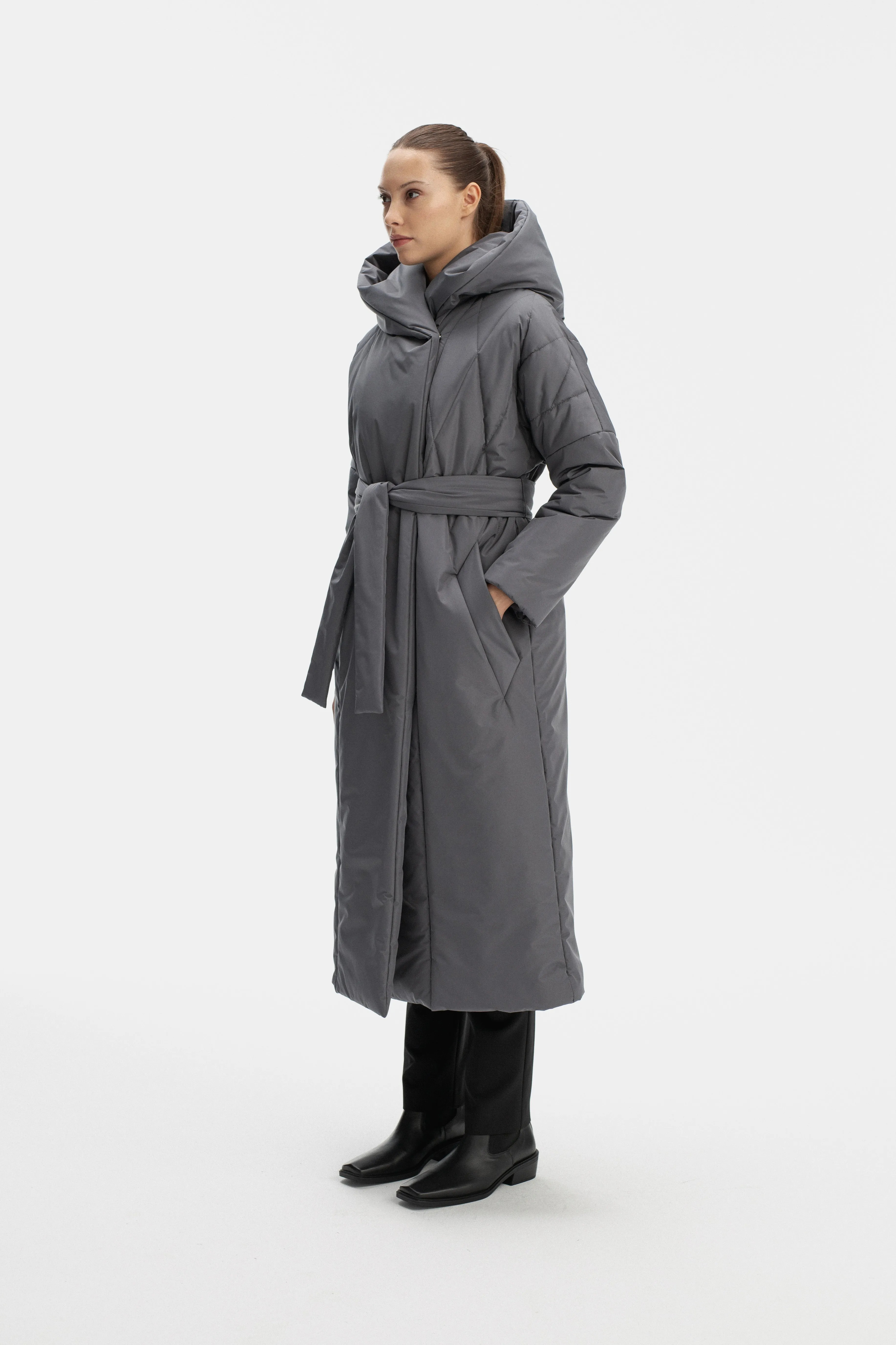 LONG PADDED COAT WITH HOOD IN GREY