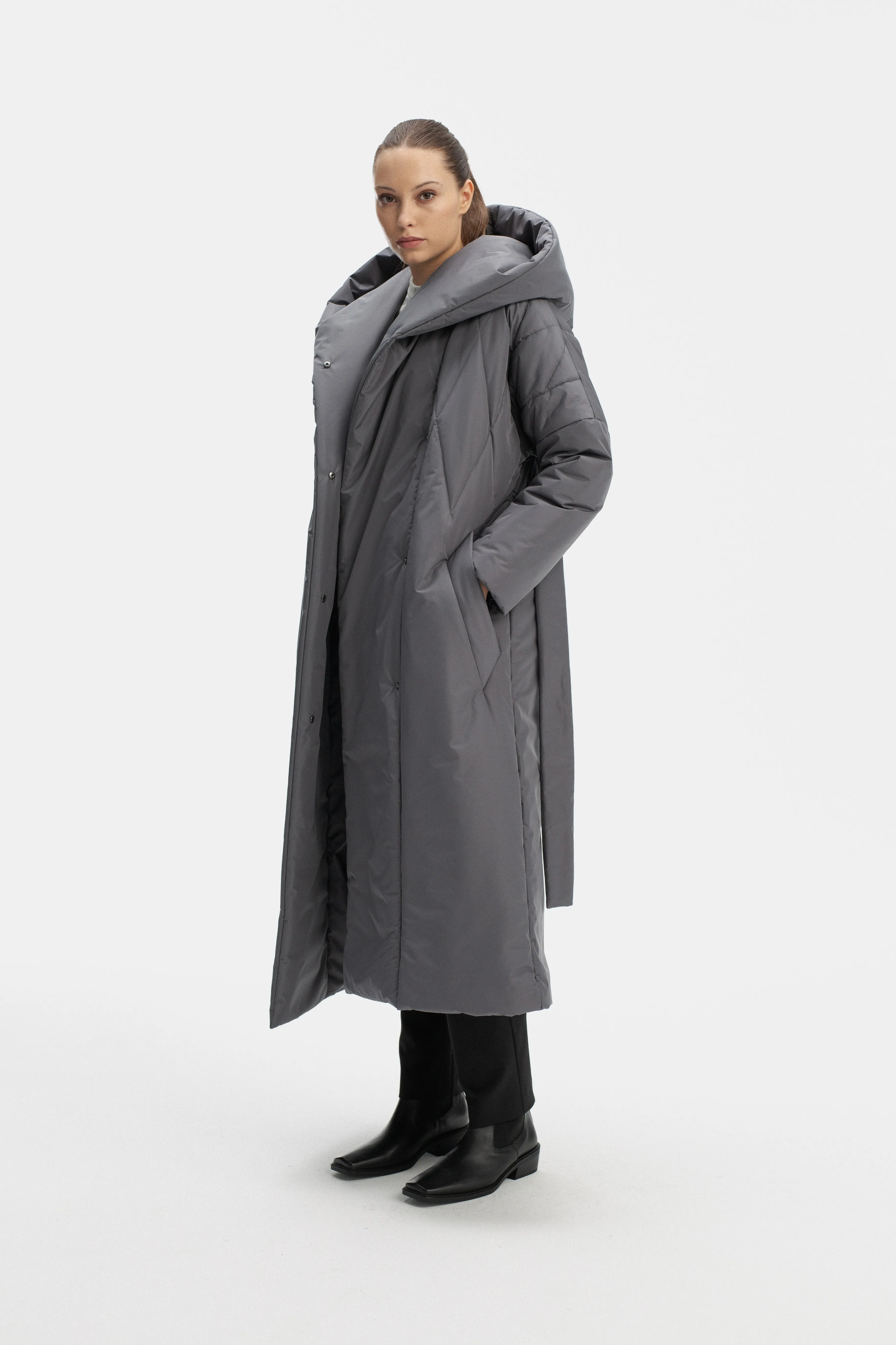 LONG PADDED COAT WITH HOOD IN GREY