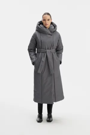 LONG PADDED COAT WITH HOOD IN GREY