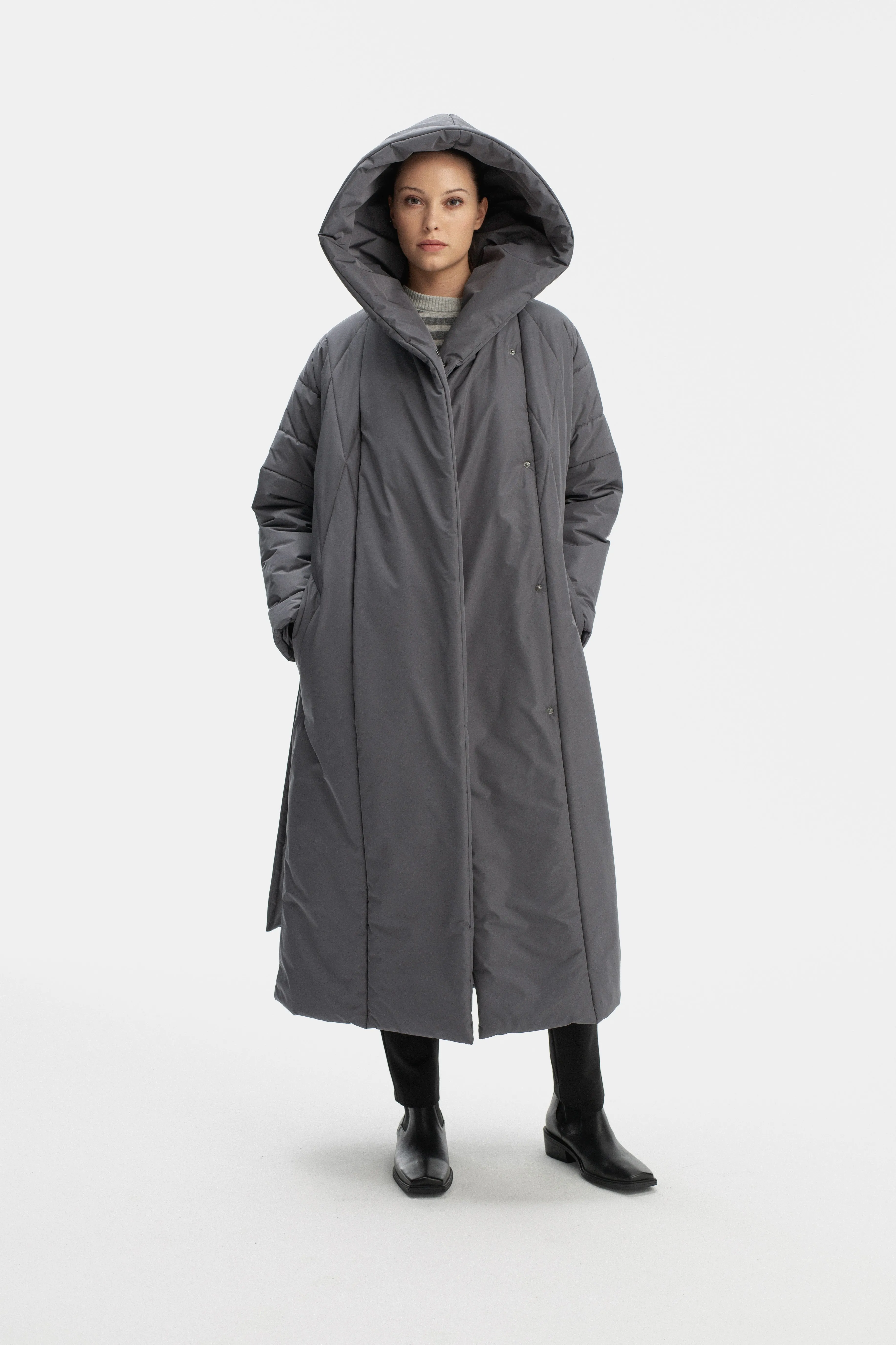 LONG PADDED COAT WITH HOOD IN GREY