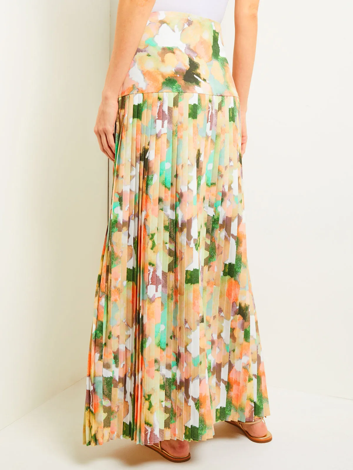 Maxi Drop Waist Skirt - Pleated Watercolor Woven